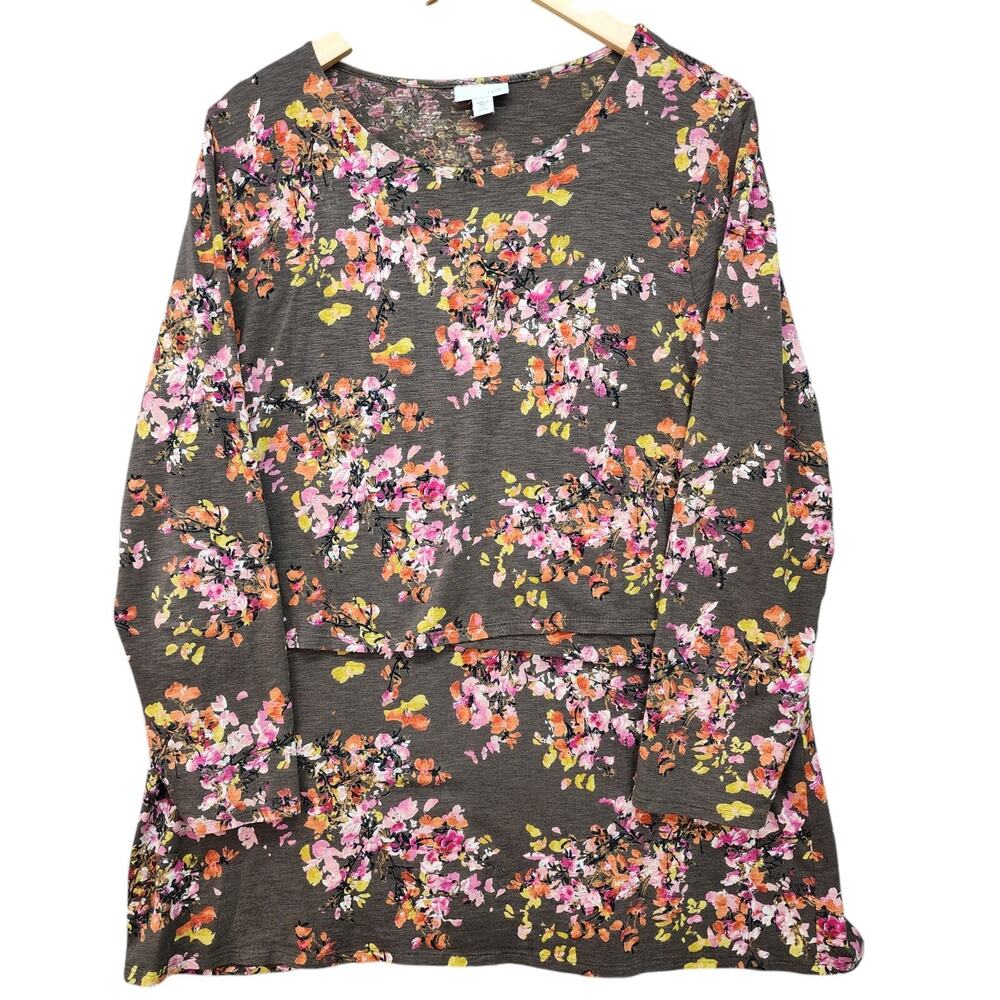 J. Jill Tunic Blouse Women's LARGE Petite Layered Brown Floral Top Career Casual - Picture 7 of 15